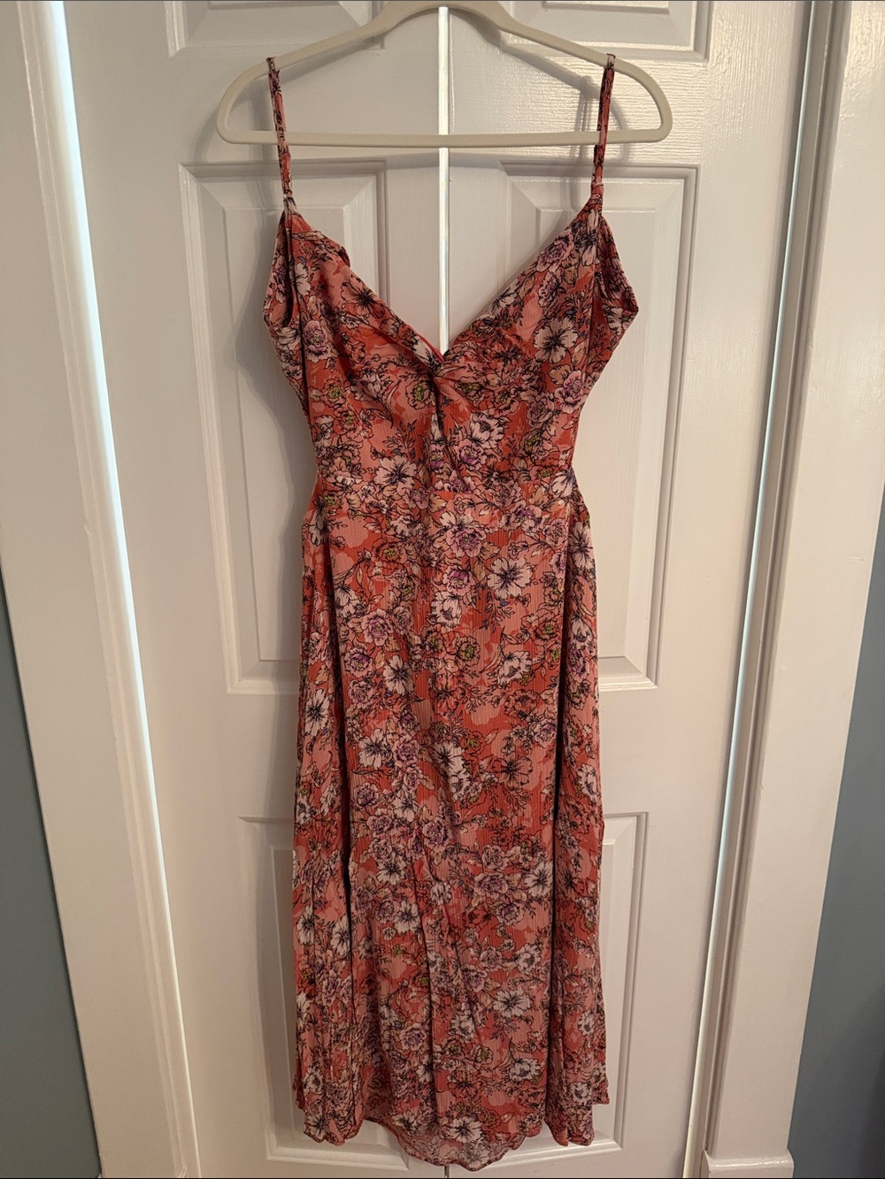 Lulu's Coral Floral V-Neck Spaghetti-Strap Midi Dress
